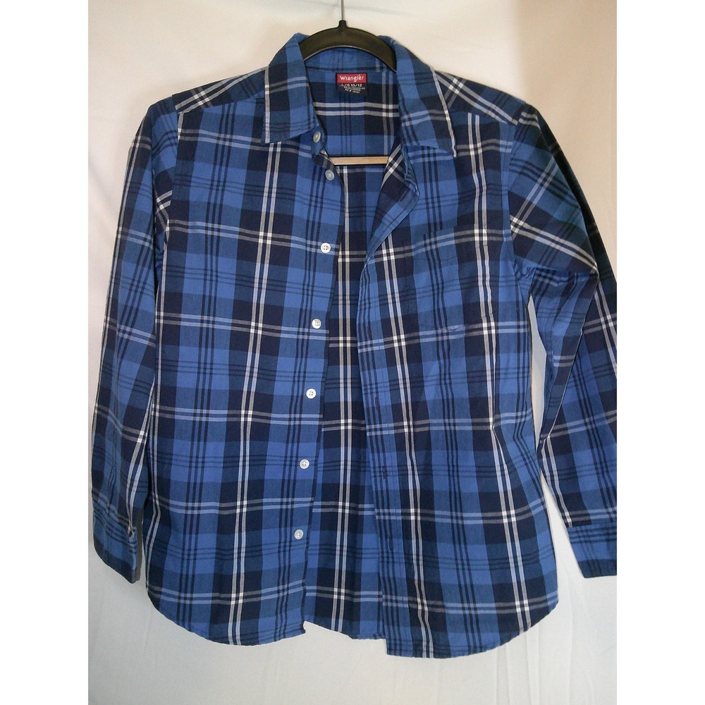 Wrangler Blue Plaid Long Sleeve Button Down Shirt Top - Kids Size L 10/12